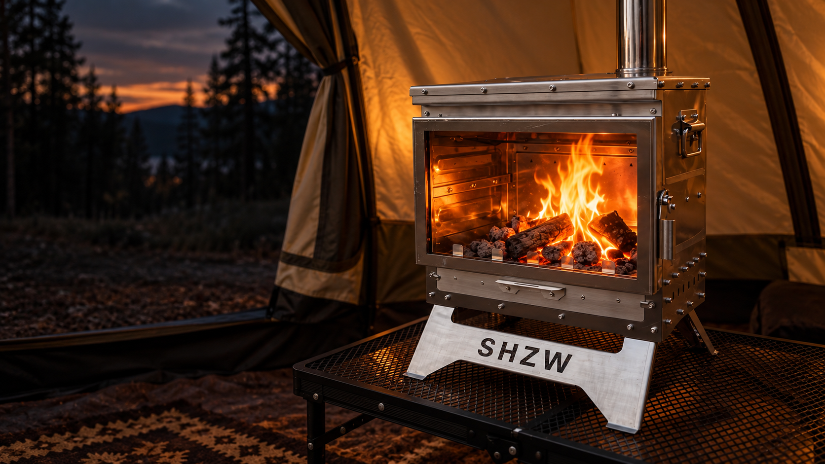 Ember 430 stainless-steel wood stove burning in a canvas wall tent