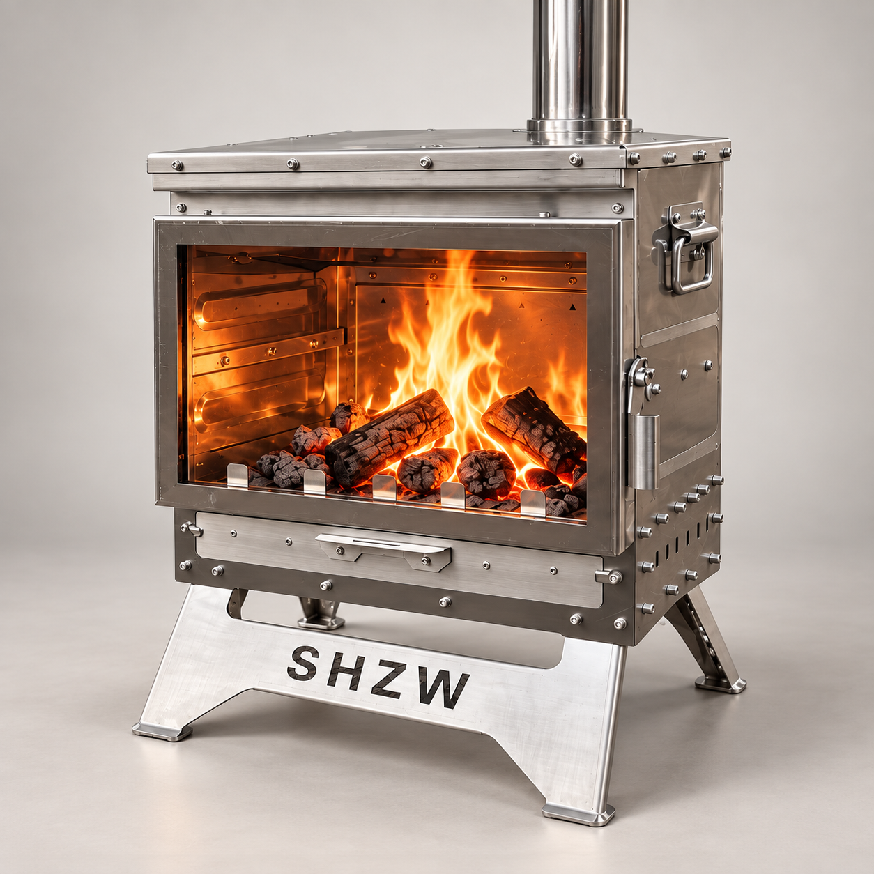 Ember 430 portable wood stove, three-quarter view